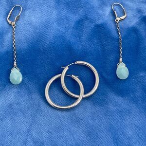 silver drop earrings with faceted amazonite stones and silver hoops